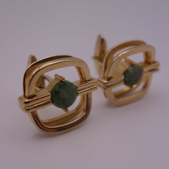 Gold Color Cuff Links with Green Stone PAT 3.208.313 - Picture 1 of 15